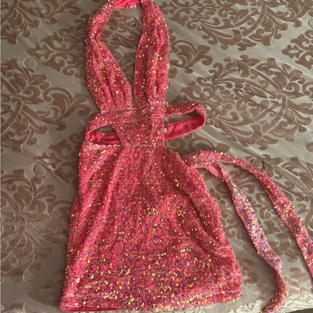 Pink Sequin Halter Dress